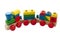 Vintage toy train model made of blocks in many shapes isolated on white background with a clipping path cutout concept for