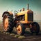 A vintage tractor stands in a large field. AI