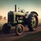 A vintage tractor stands in a large field. AI