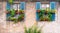 Vintage, traditional italian house wall with old blue window shutters and many plant pots. Typical european postcard view.