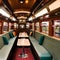 A vintage train carriage transformed into a retro dining car with booth seating and train-themed decor3, Generative AI