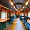 A vintage train carriage transformed into a retro dining car with booth seating and train-themed decor5, Generative AI