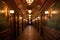 vintage train corridor with ornate ceiling and wall lamps