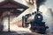 vintage train station with steam engine departing, casting a cloud of smoke over the platform