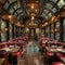 Vintage train-themed restaurant with booth seating in old carriages