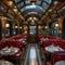 Vintage train-themed restaurant with booth seating in old carriages