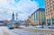 The vintage tram in front of Calvin Square Reformed Church, on Feb 27 in Budapest, Hungary