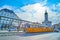 The vintage tram on its stop on Calvin Square, on Feb 27 in Budapest, Hungary