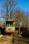 Vintage tram that is out of service. Public transport that stand at the depot. Old tram wagon in a sunny day