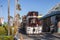 Vintage tram with text moving on track at Santa Cruz Beach Boardwalk