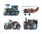 Vintage transport. Old retro passenger cars locomotive trucks carriage train airplanes garish vector flat vehicles