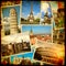 Vintage travel background with retro photos of european landmarks