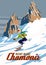 Vintage Travel poster Ski Chamonix resort. France winter landscape travel card