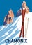 Vintage Travel poster Ski Chamonix resort. France winter landscape travel card