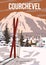Vintage Travel poster Ski Courchevel resort. France winter landscape travel card