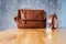 Vintage travelling for men`s accessories, brown bag and belt put