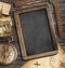 Vintage treasure map, blackboard, old compass