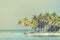 Vintage tropical islands paradise. Exotic paradise. Pastel colors, palm trees tropical beach landscape, luxury resort