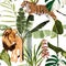 Vintage tropical tree, palm tree, lion and tiger animal, floral seamless pattern on white background.