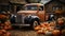 Vintage truck surrounded by fall pumpkins in an Autumn barn country setting - generative AI