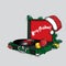 A vintage turntable with a Christmas hat, branches of a Christmas tree and balls. Vector illustration. New Year`s and Christmas.