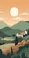 Vintage Tuscan Country Sunset Landscape Illustration