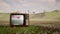 Vintage TV set sitting in the summer middle of the field of grass and flowers