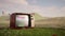 Vintage TV set sitting in the summer middle of the field of grass and flowers