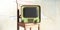 Vintage TV on a wooden chair, faded wall background. 3d illustration