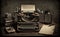 Vintage typewriter on a desk surrounded by books and papers Generative AI
