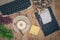 Vintage typewriters and Cup of Coffee on wooden table