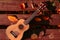 Vintage ukulele on a bench in a park. autumn