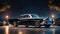 vintage unusual classic car concept, 3D illustration with empty concrete floor under open night starry sky,