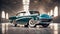 vintage unusual classic car concept, 3D illustration with empty concrete floor under open night starry sky,