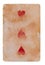 Vintage used playing card with red hearts background