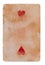 Vintage used playing card with red hearts paper background