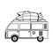 Vintage van with surf tables cartoons in black and white