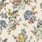 Vintage vector astronaut seamless pattern with flowers. Science fiction background, Hand drawn floral space