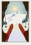 Vintage vector. Skier getting ready to descend the mountain. Winter background. Grunge effect it can be removed.