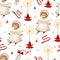 Vintage Victorian doll and candles watercolor seamless pattern