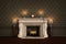 Vintage Victorian fireplace with carriage clock and candles on the mantlepiece and fire buring in the grate. 3D illustration