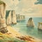 vintage wall art painting watercolor etretata landscape with sea and white cliffs , generated by AI