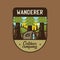 Vintage wanderer logo, outdoor company emblem design with trees and cabin. Unusual line art retro adventure sticker