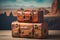 Vintage wanderlust Classic travel leather suitcases on a 90s background