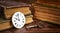 Vintage watch and key with books, escape room game banner