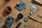 Vintage watchmakers tools on a wooden workbench