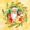 Vintage watercolor cute Santa Claus drinking hot tea, coffee, Santa Claus in chair, Fairytale winter watercolor