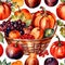 Vintage watercolor illustration of abundant harvest, with fresh healthy fruits and vegetables