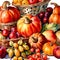 Vintage watercolor illustration of abundant harvest, with fresh healthy fruits and vegetables