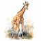 Vintage Watercolor Illustration Of A Giraffe In A Realistic Landscape